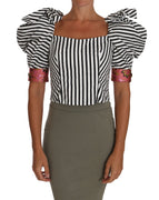 White Black Striped Cropped Top Puff Sleeve Shirts