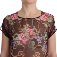 Black Key Floral Print Silk Blouse T-shirt