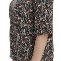 Gray Gold Key Print Silk Blouse T-shirt