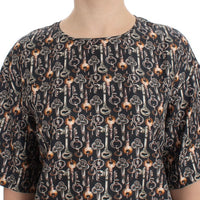 Gray Gold Key Print Silk Blouse T-shirt