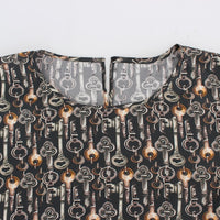 Gray Gold Key Print Silk Blouse T-shirt