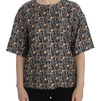 Gray Gold Key Print Silk Blouse T-shirt