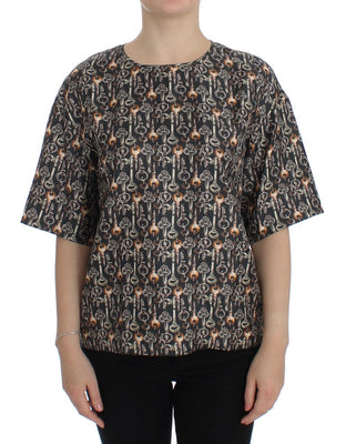 Gray Gold Key Print Silk Blouse T-shirt