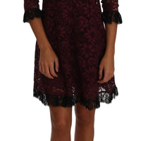 Black Floral Lace Burgundy Gown Mock Collar Dress