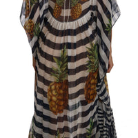 Blue White Silk Striped Pineapple Tunic Gown Maxi Dress