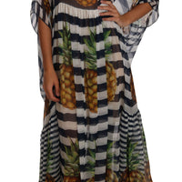 Blue White Silk Striped Pineapple Tunic Gown Maxi Dress