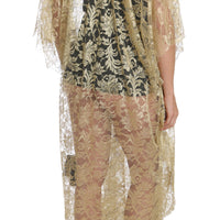 Gold Floral Lace Crystal Gown Cape Dress