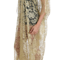 Gold Floral Lace Crystal Gown Cape Dress