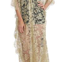 Gold Floral Lace Crystal Gown Cape Dress