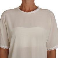 White Cream Silk Lace Top Blouse T-Shirt