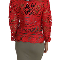 Red Cardigan Crochet Knit Raffia Sweater