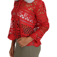 Red Cardigan Crochet Knit Raffia Sweater