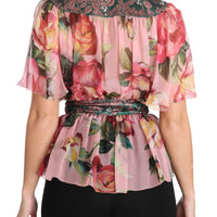 Floral Print Silk Shirt With Pussy Bow Rose