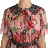 Floral Print Silk Shirt With Pussy Bow Rose