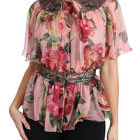 Floral Print Silk Shirt With Pussy Bow Rose