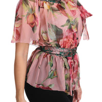 Floral Print Silk Shirt With Pussy Bow Rose