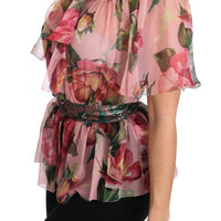 Floral Print Silk Shirt With Pussy Bow Rose