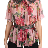 Floral Print Silk Shirt With Pussy Bow Rose