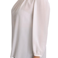 White Silk Blouse Pussybow Solid  Longsleeve Top