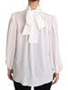 White Silk Blouse Pussybow Solid  Longsleeve Top