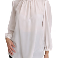 White Silk Blouse Pussybow Solid  Longsleeve Top