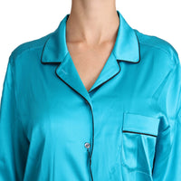 Blue Shirt Stretch Top Longsleeve Pyjama Blouse