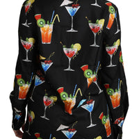 Black Silk Longsleeve Cocktail Print Top Shirt