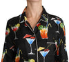 Black Silk Longsleeve Cocktail Print Top Shirt