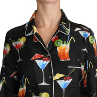 Black Silk Longsleeve Cocktail Print Top Shirt