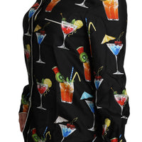 Black Silk Longsleeve Cocktail Print Top Shirt