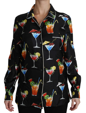 Black Silk Longsleeve Cocktail Print Top Shirt