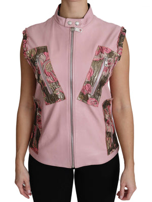 Pink Zippered Lamb Sleeveless Vest Leather Jacket