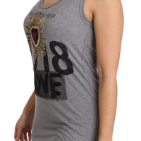 Gray Tank Top Crystal Sequined Heart  T-shirt