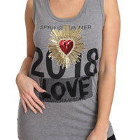 Gray Tank Top Crystal Sequined Heart  T-shirt