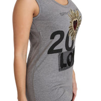 Gray Tank Top Crystal Sequined Heart  T-shirt