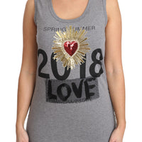 Gray Tank Top Crystal Sequined Heart  T-shirt