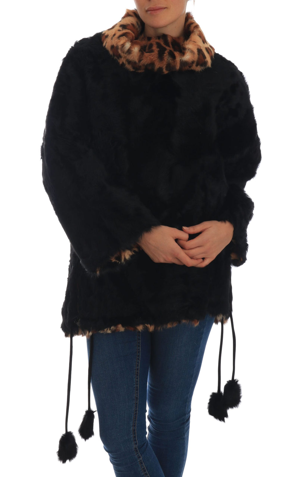 Black Lamb Leopard Print Fur Coat Jacket