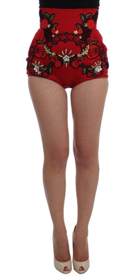 Red Silk Crystal Roses Shorts