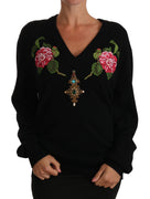 Black Rose Floral Crystal Cashmere Sweater