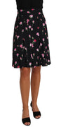 Black Rose Print Floral Knee Length Skirt