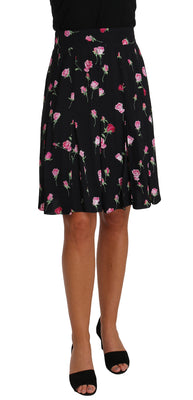 Black Rose Print Floral Knee Length Skirt