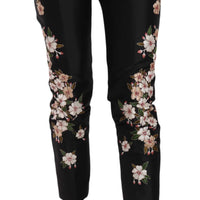 Black Silk Floral Embroidered Trousers Slim Pants