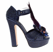 Blue Caiman Crocodile Leather Crystal Shoes