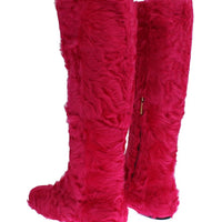 Pink Lamb Fur Leather Flat Boots