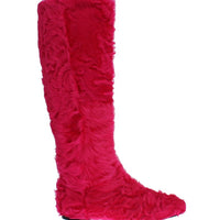 Pink Lamb Fur Leather Flat Boots