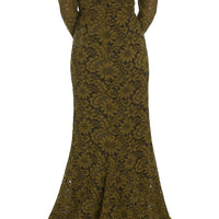 Olive Green Floral Lace Ricamo Maxi Dress