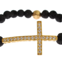 Lava Stone Gold Clear CZ Cross 925 Silver Bracelet