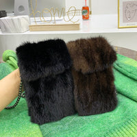 Natural Mink Fur Cell Phone Shoulder Bag 7"H x 4"W
