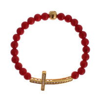 Red Coral Gold CZ Cross 925 Silver Bracelet