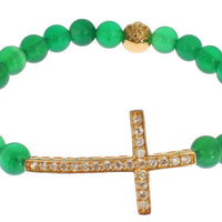 Jade Stone Gold CZ Cross 925 Silver Bracelet